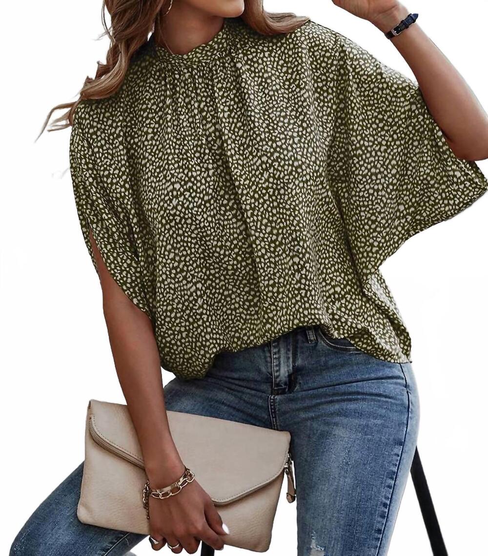 NEW SUPREME FASHION solid cape short sleeve loose top in green leopard